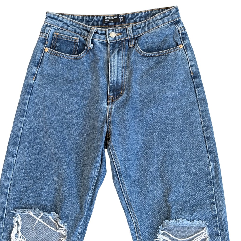 PrettyLittleThing Mom Jeans Size 6 Distressed Blue High Rise Ripped Denim Pants - Picture 2 of 6